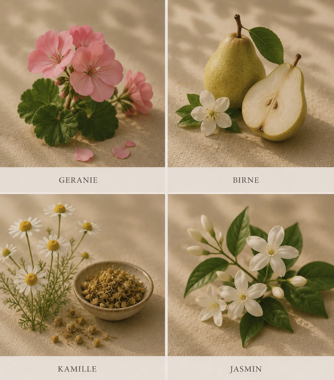 Duftnoten visuell Geranie birne Kamille Jasmin Duftkerze Colette's