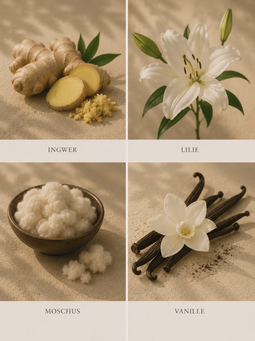 Duftnoten visuell Ingwer Lilie Moschus Vanille Duftkerze