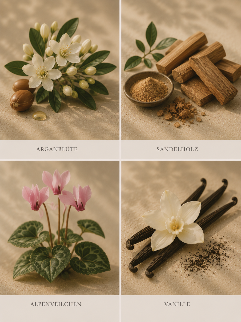 Duftnoten visuell arganblüte Sandelholz Alpenveilchen Vanille Duftkerze