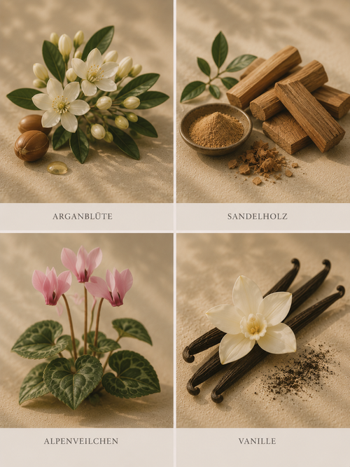 Duftnoten visuell arganblüte Sandelholz Alpenveilchen Vanille Duftkerze