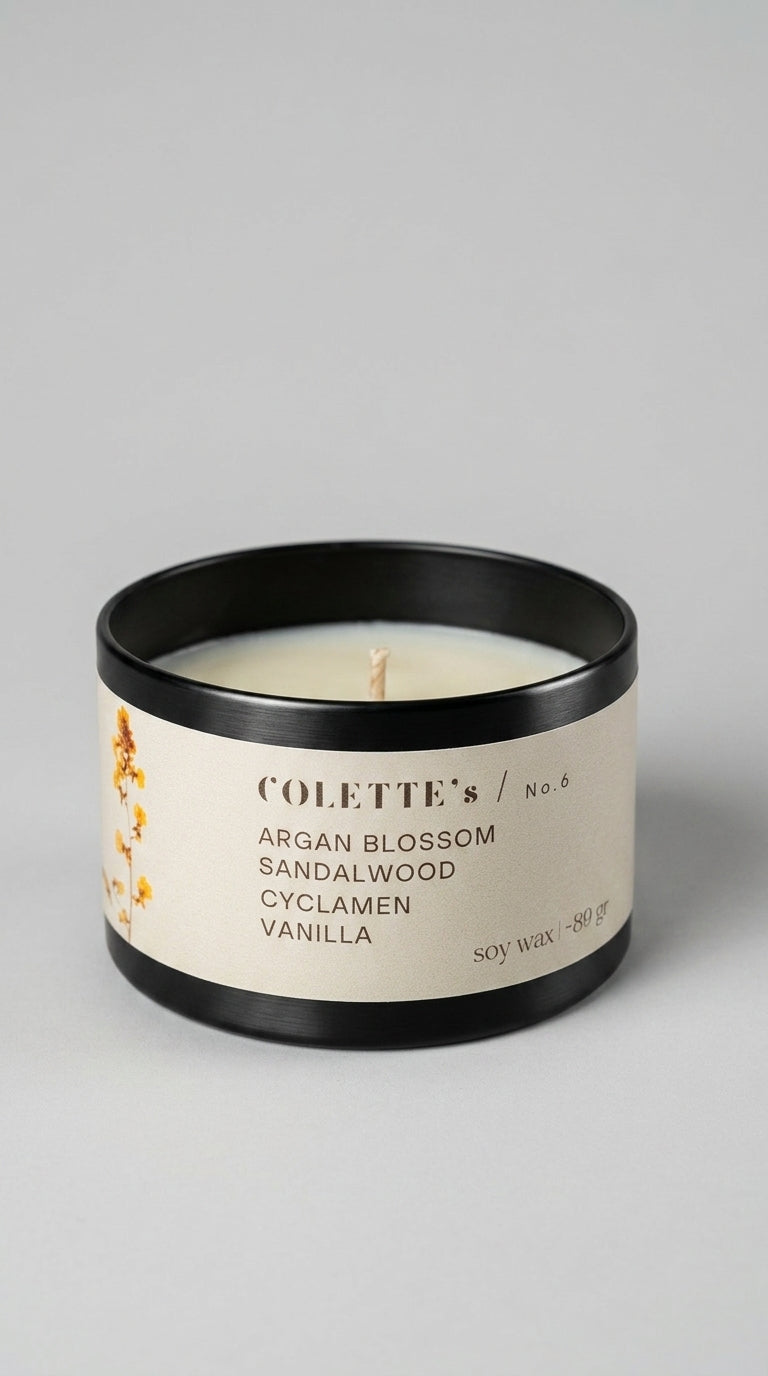 soja wachs Kerze arganblüte Vanille 80gr 25h brenndauer in schwarzer aluminium tin